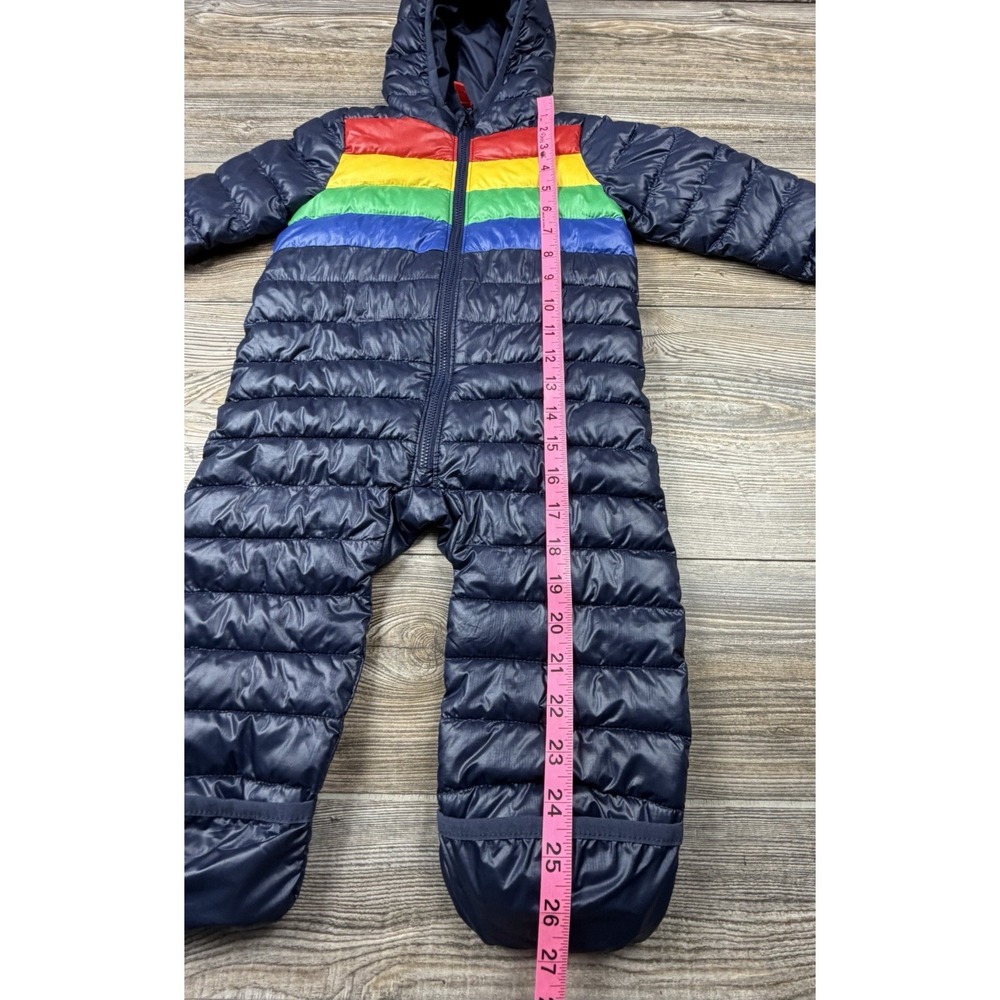 Primary Navy & Rainbow Striped Hooded Puffer Snowsuit 6-12 Months Lightweight - Picture 12 of 12